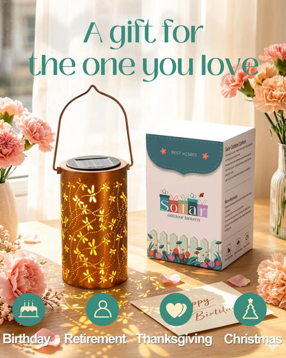 DIBIEECN Birthday Gifts for Women Mom Grandma Wife, Solar Lanterns Outdoor Waterproof, Metal Hanging Lights Garden Decor, LED Decorative Lantern for Patio Porch Backyard,Dragonfly, 1 Pack