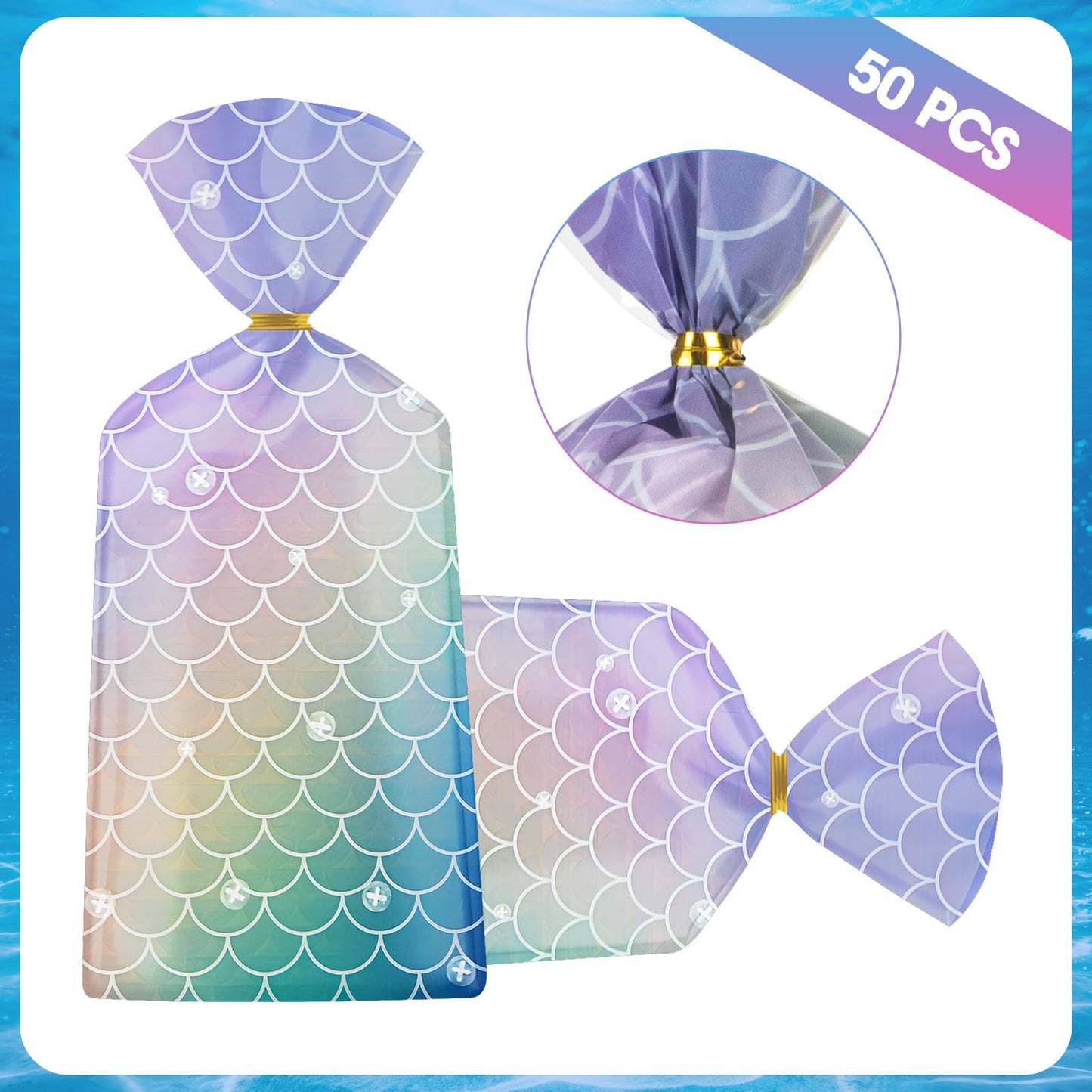 50 Pack Mermaid Goodie Bags - Ocean Mermaids Party Favor Bags, Little Mermaid Cello Cellophane Gift Candy Treat Bag with 50Pcs Twist Ties for Kids Girls Mermaids Themed Birthday Party Supplies Favors