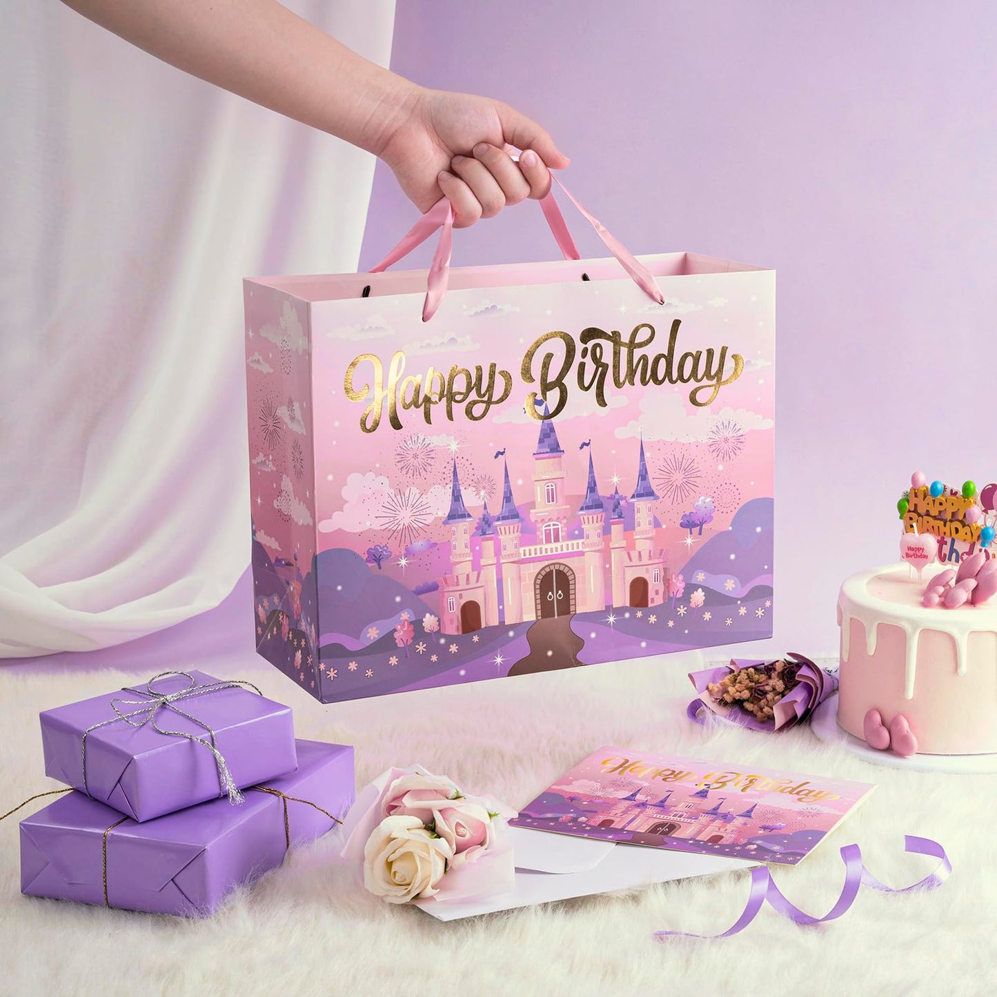 WRAPAHOLIC 13" Princess Birthday Gift Bags with Tissue Paper and Card - Purple Castle Bags for Kids Girls Birthday Party Baby Shower Supplies