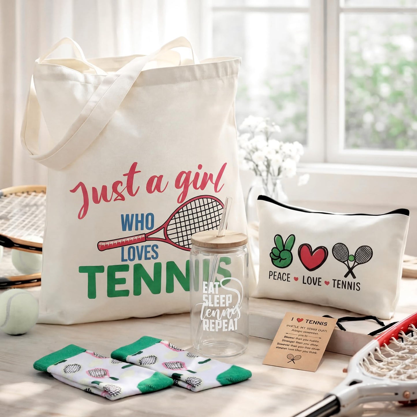 Chunful 6 Pcs Tennis Gifts Set for Teen Girls & Women Team Essentials Accessories Include 16 oz Glass Jar Tumbler Canvas Tote Bag Makeup Bags Novelty Socks Bracelets for Lover Coach