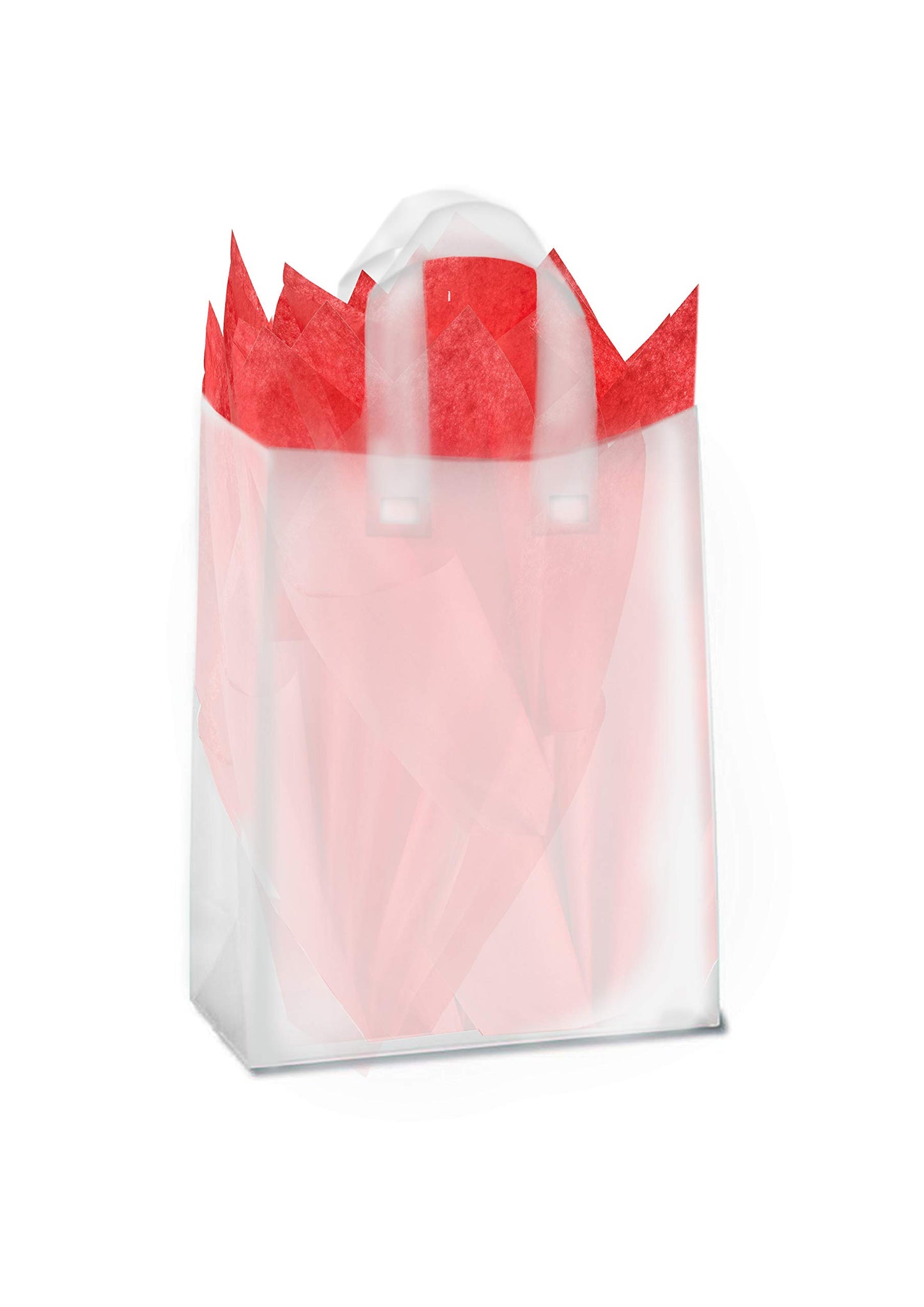 Purple Q Crafts Frosted Plastic Gift Bags 100 Pack 8" x 10" x 4" Clear Frosted Bags with Soft Loop Handles and Cardboard Insert, for Gifts Retail and More