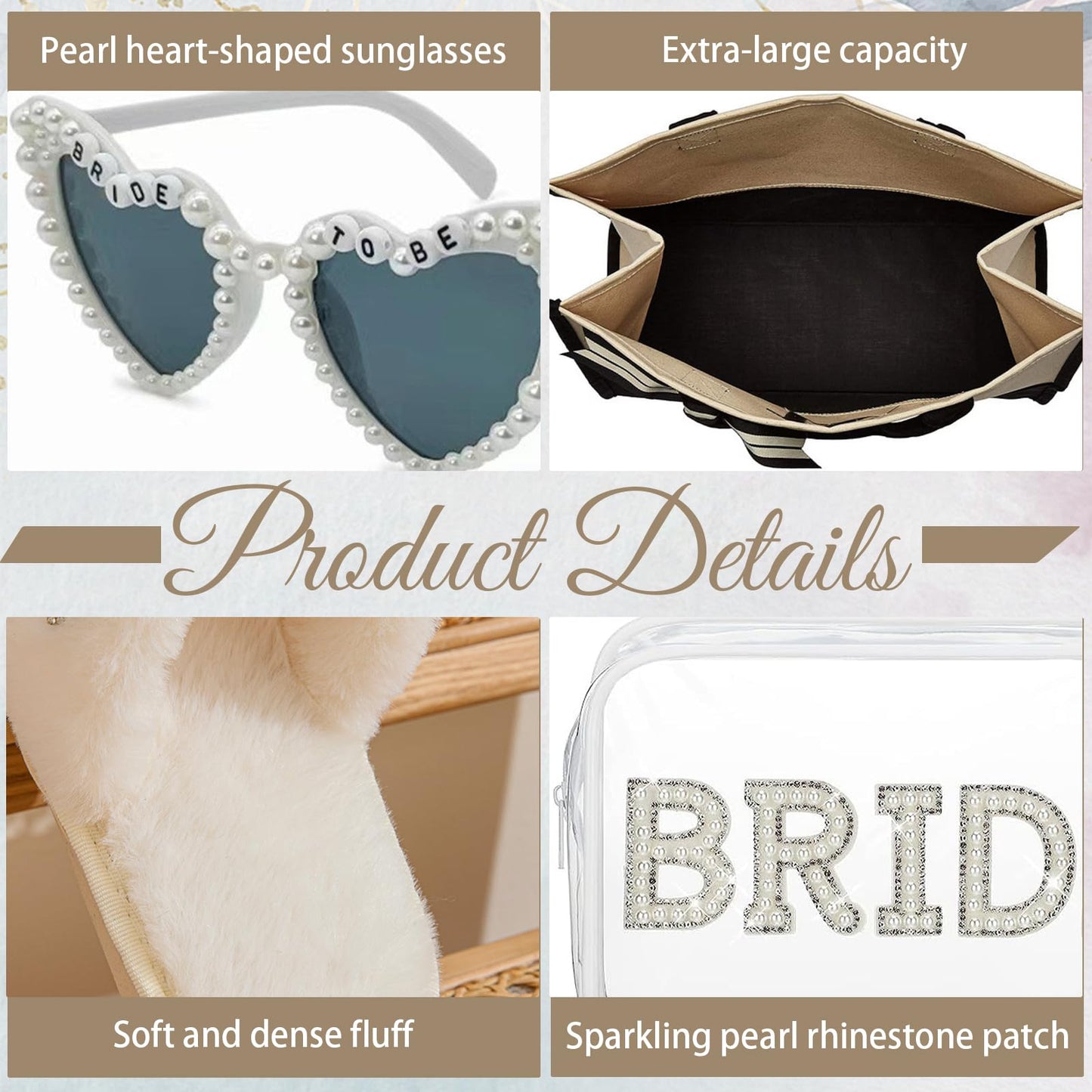 5Pcs Bridal Shower Gifts Set with Bride Bag Cosmetic Bag Sunglasses Slippers Hair Clip, Suitable for Bridal Shower, Weddings, Bachelorette Gifts for Bride, Bride Gift Set