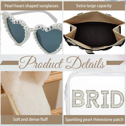 5Pcs Bridal Shower Gifts Set with Bride Bag Cosmetic Bag Sunglasses Slippers Hair Clip, Suitable for Bridal Shower, Weddings, Bachelorette Gifts for Bride, Bride Gift Set