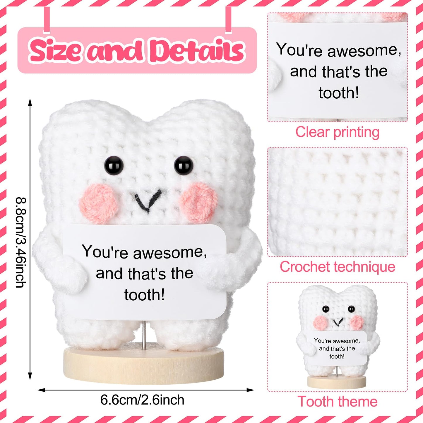 Simgoing Funny Tooth Doll Dental Hygienist Gifts Small Positive Cute Handmade Crochet Plush Doll with Card Dental Assistant Inspirational Gifts Dentist Nurse Appreciation Office Desk Decor(Classic)