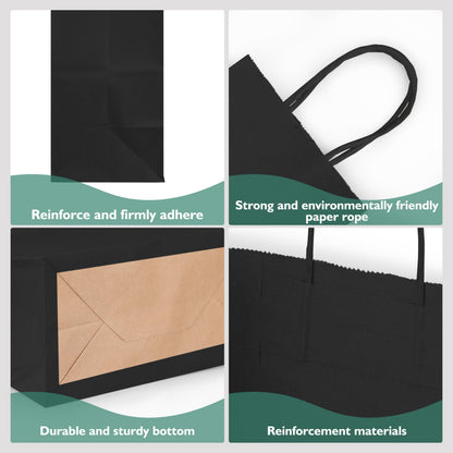 Tlpmsk 100 Pack Black Paper Bags with Handles,8.2x4.3x10.5 Inch Paper Gift Wrap Bags Bulk for Valentine's Day,Mother's Day,Shopping,Retail,Party Favors