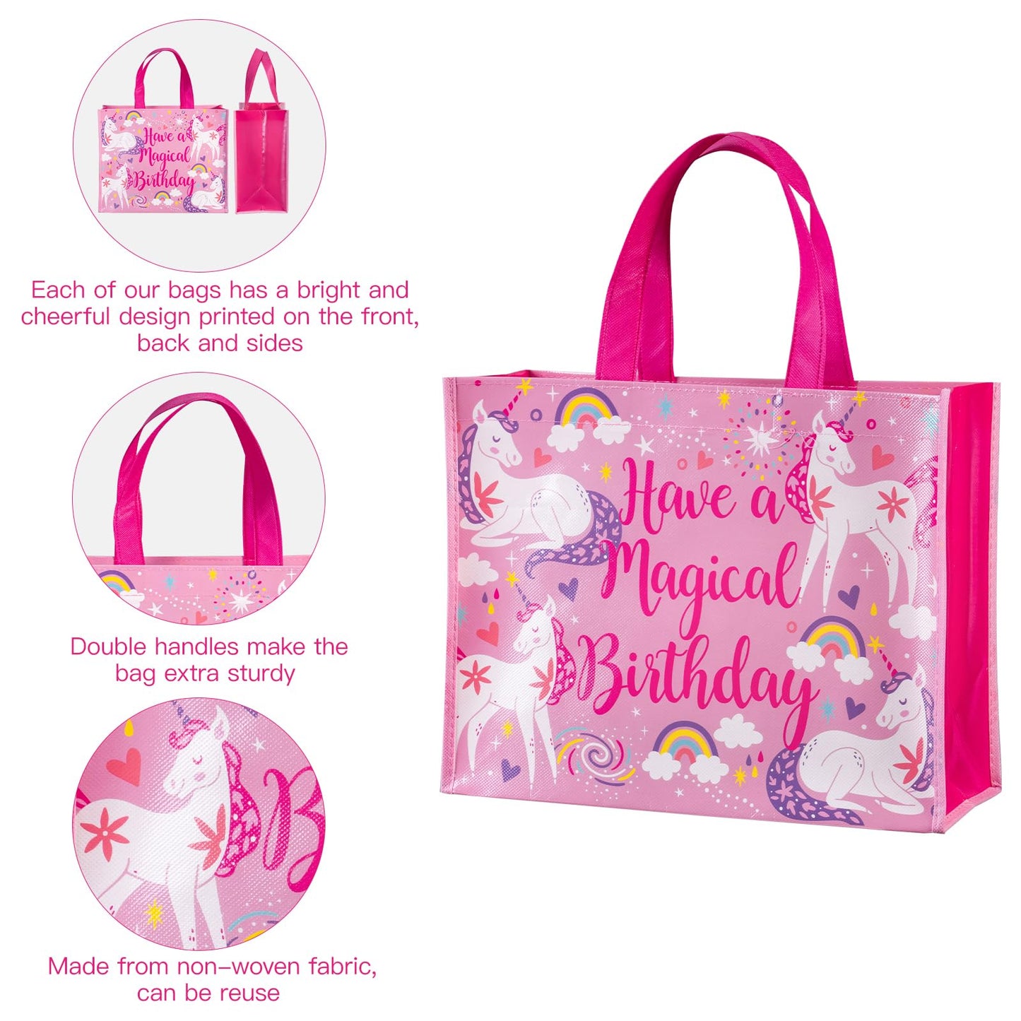 WRAPAHOLIC Large Reusable Magical Unicorn Birthday Gift Bag with Handles - 10 x 5 x 13 inch - Pink Magical Bday Gift Bags for Girls Birthday, Baby Girl Shower and Shopping