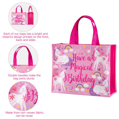 WRAPAHOLIC Large Reusable Magical Unicorn Birthday Gift Bag with Handles - 10 x 5 x 13 inch - Pink Magical Bday Gift Bags for Girls Birthday, Baby Girl Shower and Shopping