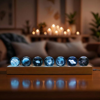 7 Pcs Planet Crystal Ball Night Light Lamp with LED Wooden Base, Astronomy Gifts,3D Galaxy Moon Saturn Crystal Ball Nightlight for Meditation Positive Energy Decoration Balls Set for Home