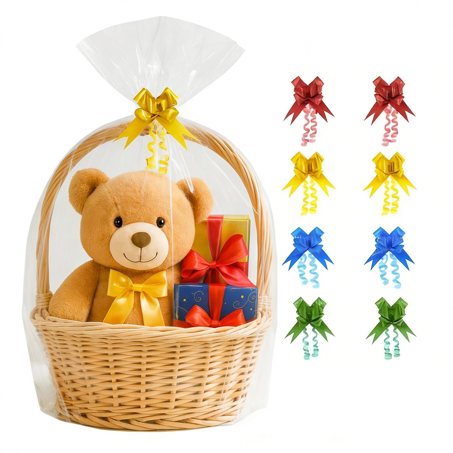Volokitx 7-Pack 40x50 Inch Clear Cellophane Bags with 8 Colorful Pull Bows,Extra Large Cellophane Wrap for Gift Baskets, Baby Showers, Raffles, and Charity Auctions