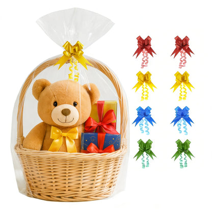 Volokitx 7-Pack 40x50 Inch Clear Cellophane Bags with 8 Colorful Pull Bows,Extra Large Cellophane Wrap for Gift Baskets, Baby Showers, Raffles, and Charity Auctions