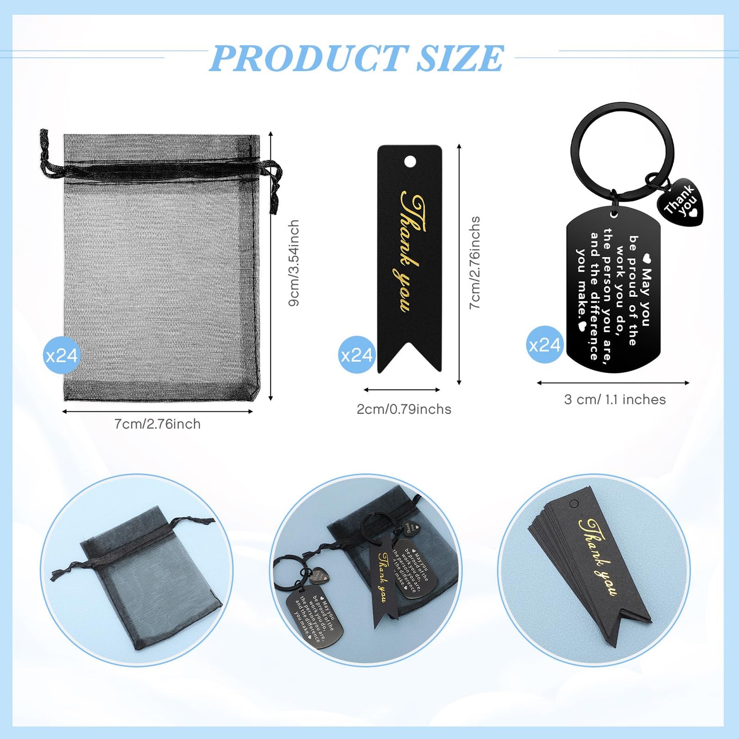 Yinkin 72 Pcs Employee Appreciation Gifts Bulk Thank You Coworker Keychain Gifts with Organza Bags and Thank You Cards(Black)