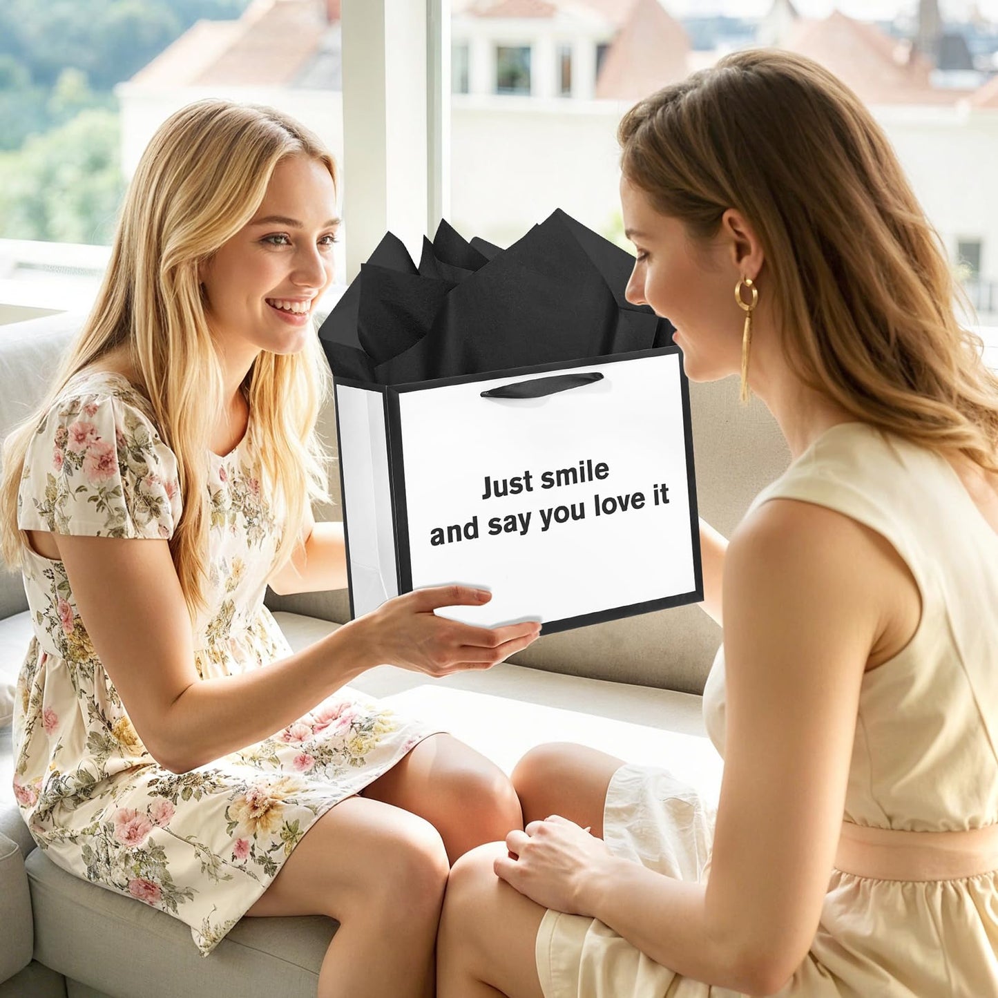 White Funny Gift Bag Just Smile and Say You Love It Gag Gift Bag with Tissue Paper and Greeting Card Inappropriate Snarky Funny Birthday Gift Wrapping Bags for Office Coworker Best Friend Men Women