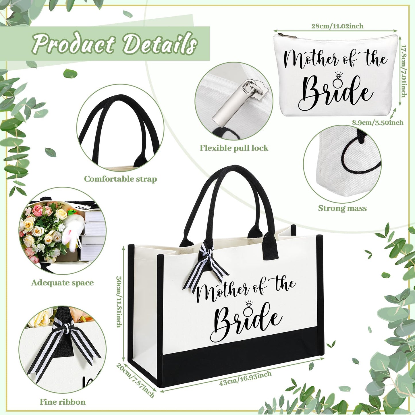 FoldTier 4 Pieces Mother of the Bride Bags Bridal Shower Gifts for Wedding Canvas Tote Bag for Mother of the Bride with Makeup Bag Tumbler Cup Mother Jewelry Tray Bridal Ring Holder for Wedding