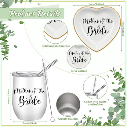 FoldTier 4 Pieces Mother of the Bride Bags Bridal Shower Gifts for Wedding Canvas Tote Bag for Mother of the Bride with Makeup Bag Tumbler Cup Mother Jewelry Tray Bridal Ring Holder for Wedding