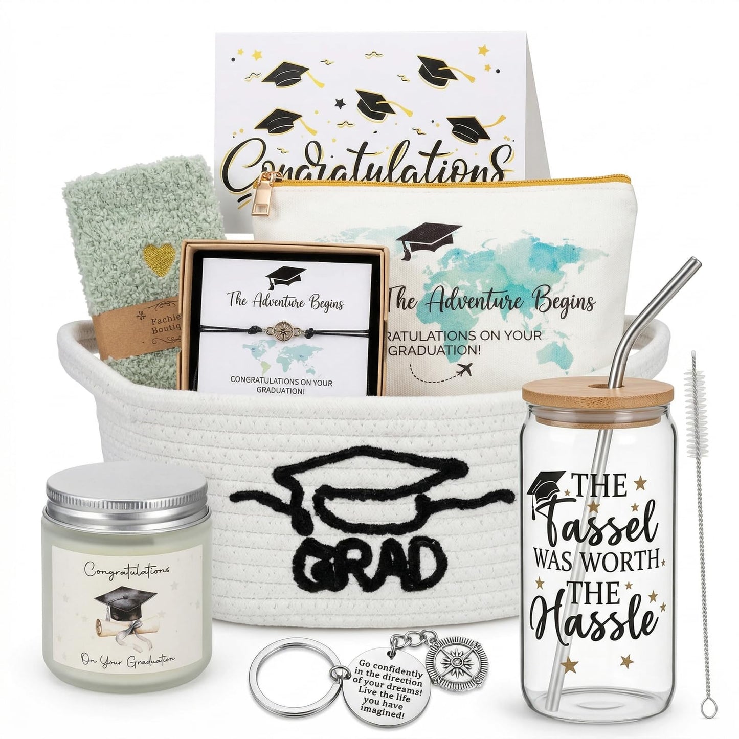 Zopeal Graduation Gift Basket for Her 2026,Graduation Gift Set with Glass Tumbler,Makeup Bag,Candle,Socks,Bracelet,Keychain,Card,College Grad Gifts for Her Women Daughter Granddaughter(White)