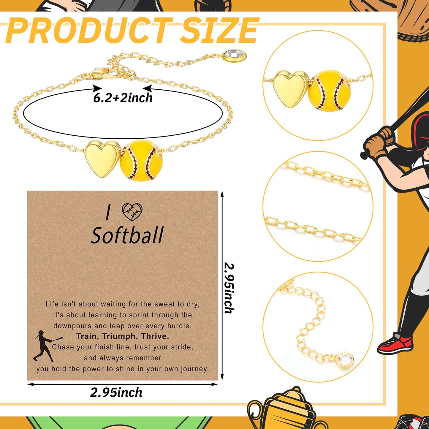 Tondiamo 12 Sets Baseball Volleyball Softball Soccer Tennis Bracelet for Women Dainty Gold Plated Heart Bracelets Sport Lovers Gifts with Inspirational Cards Sports Jewelry Gifts