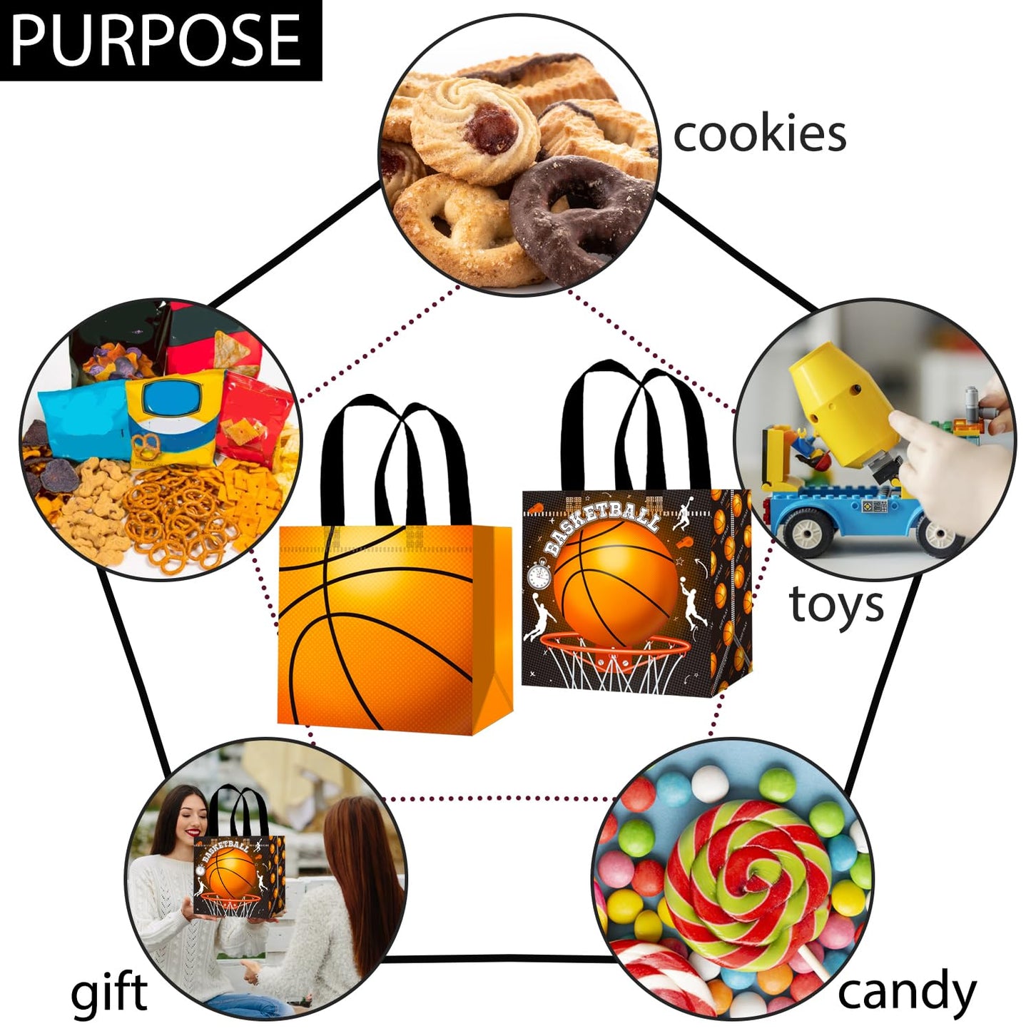Basketball Party Favors Bags 12PCS Basketball Birthday Party Supplies Basketball Goodie Bag with Handles Sport Sport Ball Non-woven Candy Treat Snack Bags for Birthday Retirement All Star Party Decor