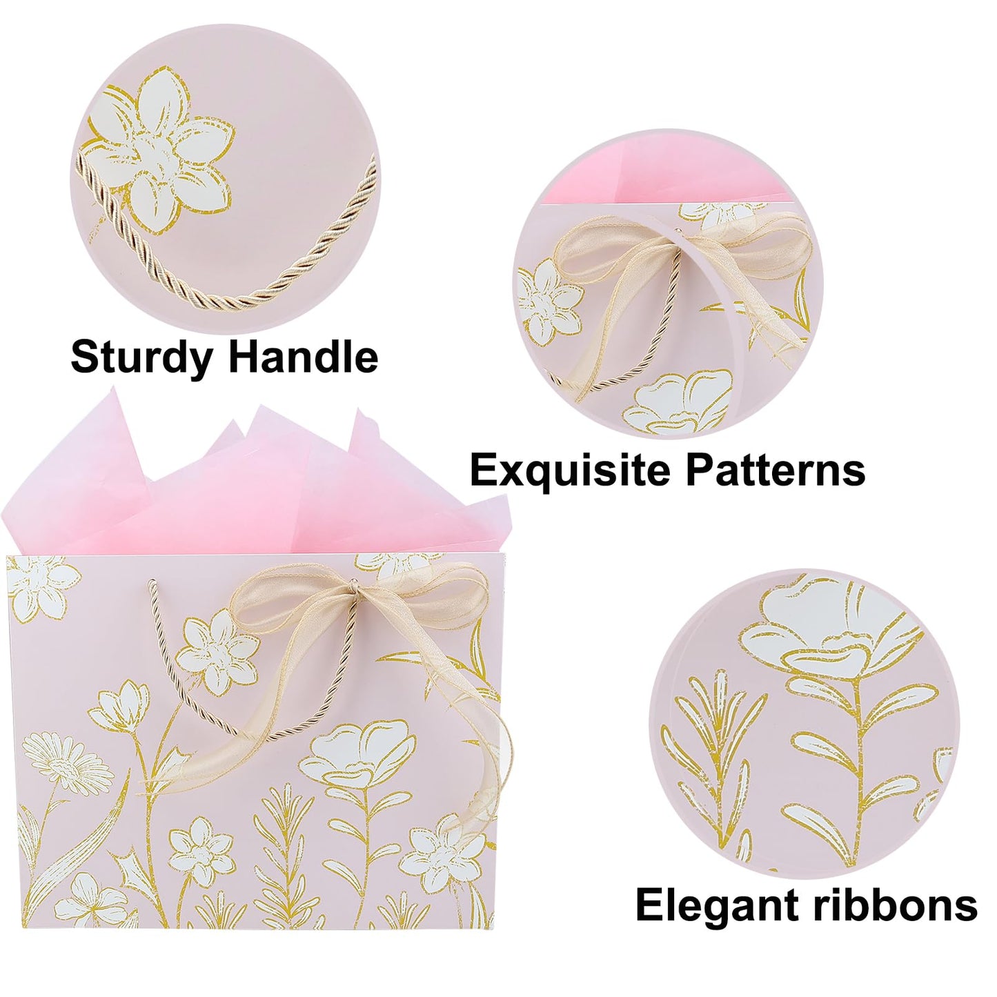 Vkkperp 2Pcs 12.6" Large Light pink Gift Bags Set with Handles including Tissue Paper Envelope Sticker Greeting Card and Bow Ribbon for Wedding Party, Birthday, Mother’s Day, Valentine's Day