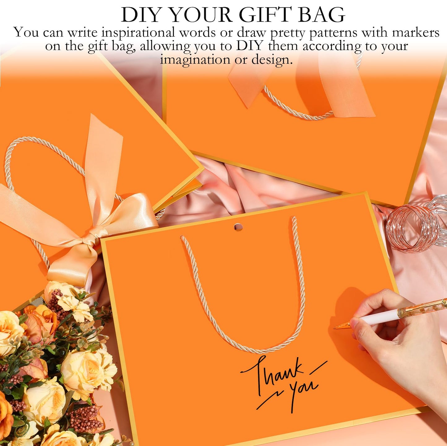 Silkfly 12 Pcs Gift Bags with Handles for Bridesmaid, 12x10x4'' Wedding Welcome Elegant Gift Bags with Bow Ribbon for Graduation Groomsmen Women Baby Shower Birthday Housewarming (Orange,Gold)