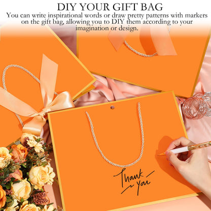 Silkfly 12 Pcs Gift Bags with Handles for Bridesmaid, 12x10x4'' Wedding Welcome Elegant Gift Bags with Bow Ribbon for Graduation Groomsmen Women Baby Shower Birthday Housewarming (Orange,Gold)