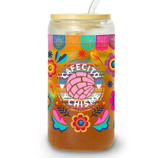 Cafecito Y Chisme 16oz Glass Cup with Bamboo Lid and Straw, Friend Present for Women, Mexican Coffee Glass Cup for Iced Coffee, Sisters, Christmas