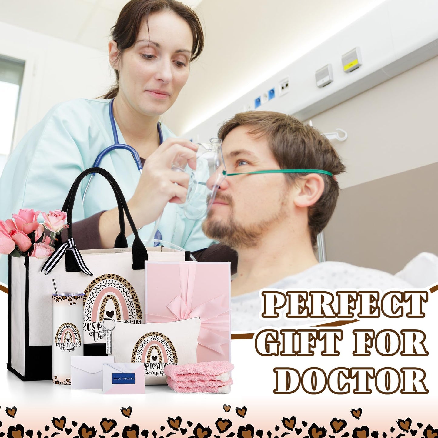 Geiserailie 8 Pcs Respiratory Therapist Appreciation Gifts for Women Including Large Tote Bag Cosmetic Bags Tumbler Cup Plush Socks Metal Keychain Card and Envelope for RRT Thank You Gifts