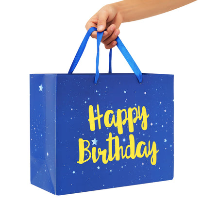 Qirrmiy 13" Large Blue Gift Bag Set with Greeting Card and Tissue Papers (Stars and Gold Foil‘Happy Birthday’) for Men's or Boys, Girls or Kids, Baby, Husband, Father