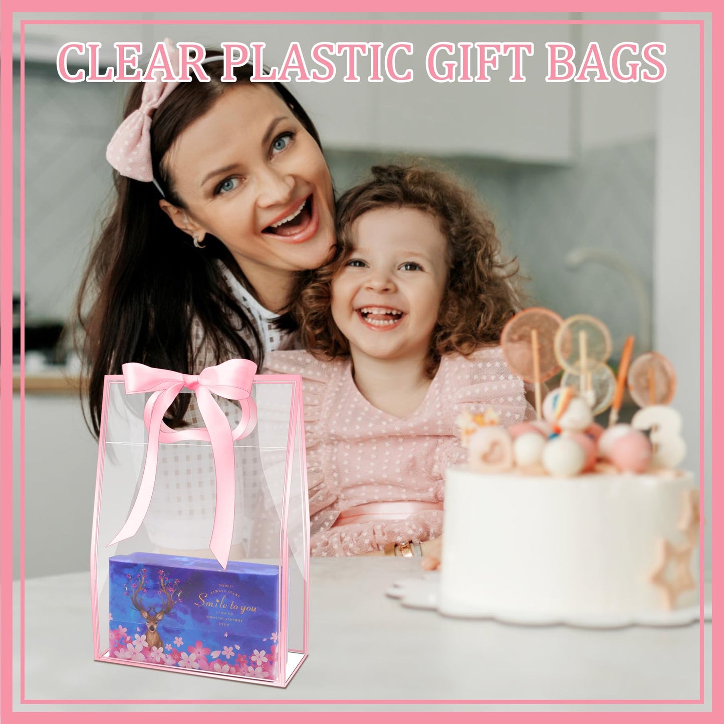 15Pack Clear Plastic Gift Bags with Handle,Reusable PP Gift Wrap Tote Bags with Ribbon for Wedding Bridal Birthday Party Baby Shower Goodies Graduation Shopping Business, 7x10x3.15 Inch (Pink)