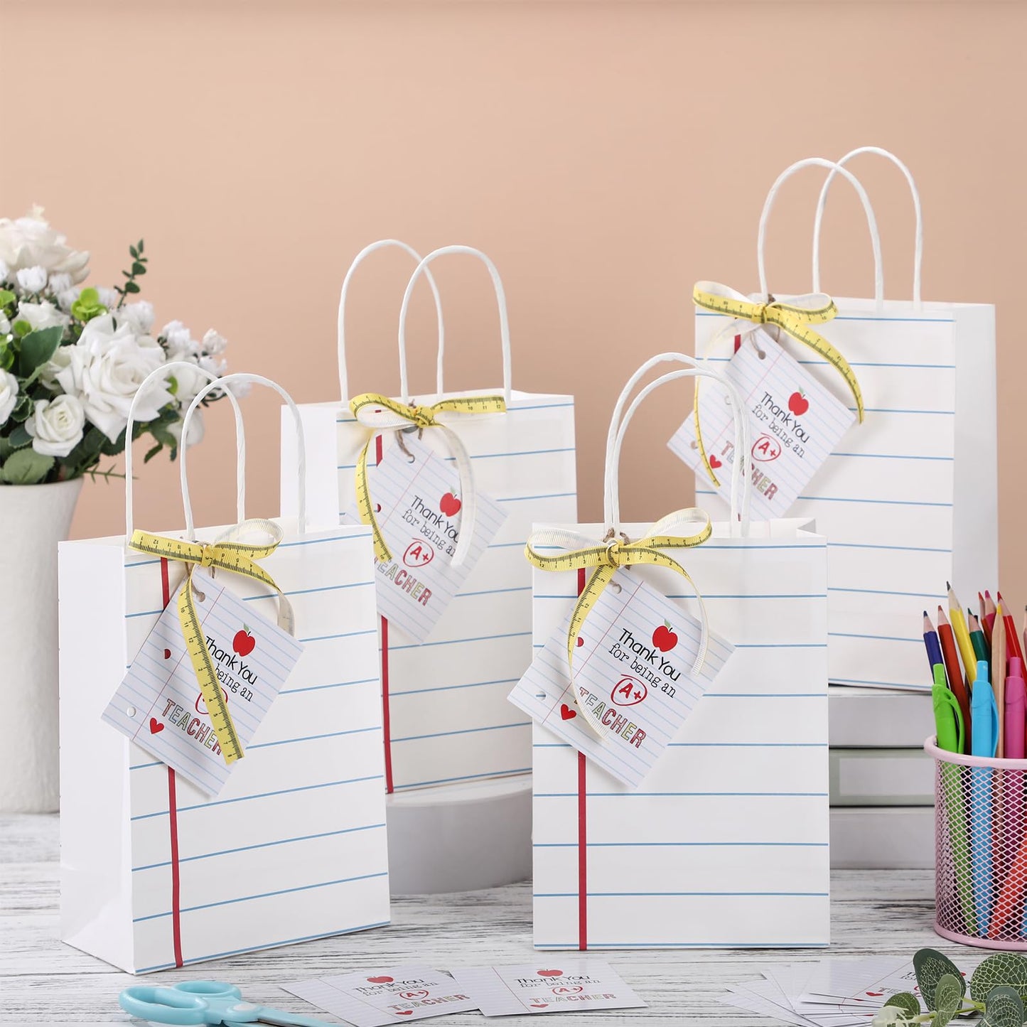 Gilprop 12 Pcs Teacher Appreciation Gift Bags with Paper Tag Thank You Teacher Gift Bags with Handle End of Year Gifts with Tape Measure Ribbon for Graduation Party Favor(Notebook,White)