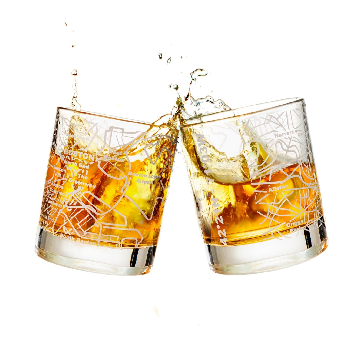 Greenline Goods Whiskey Glasses - 10 Oz Tumbler Gift Set for Boston lovers, Etched with Boston Map | Old Fashioned Rocks Glass - Set of 2