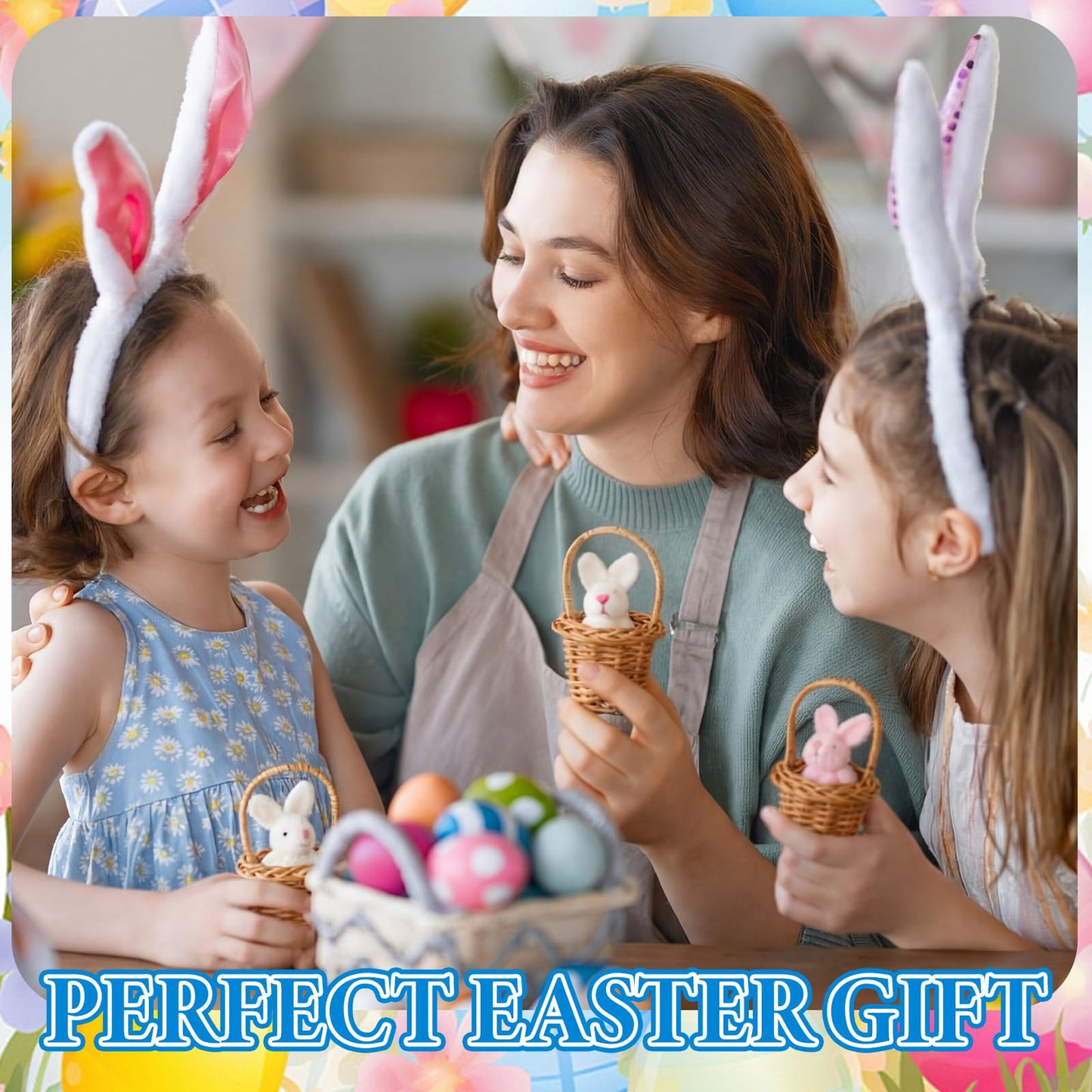 Seenelling 24 Set/ 72 Pcs Easter Gifts Bulk, Mini Easter Bunny Plush with Mini Wicker Basket, 2.4 in Stuffed Rabbit with 3.1 in Woven Basket, Bunny Party Favor, Team Appreciation Gift