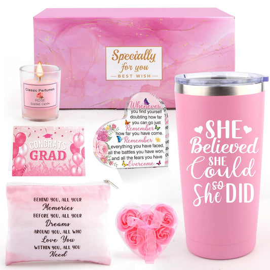 Graduation Gift for Her 2026, 8-in-1 Congratulations Gifts for Women with 20oz Insulated Tumbler, Rose-Scented Candle, Makeup Bag, High School/College Graduation Gifts for Daughter Sister Friend