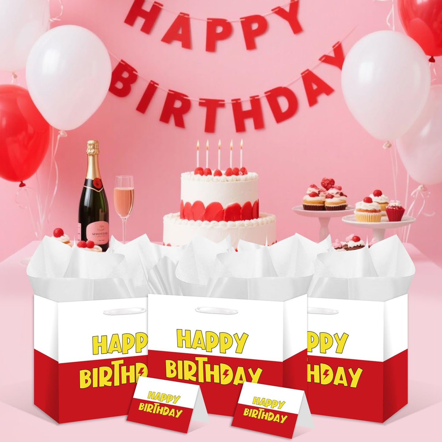 HSKMAKE Cartoon Animation Birthday Gift Bag Large Red White Party Favors Goodie Bag Cartoon Animation Happy Birtthday Gift Bag With Greeting Card Tissue Paper For Party Supplies