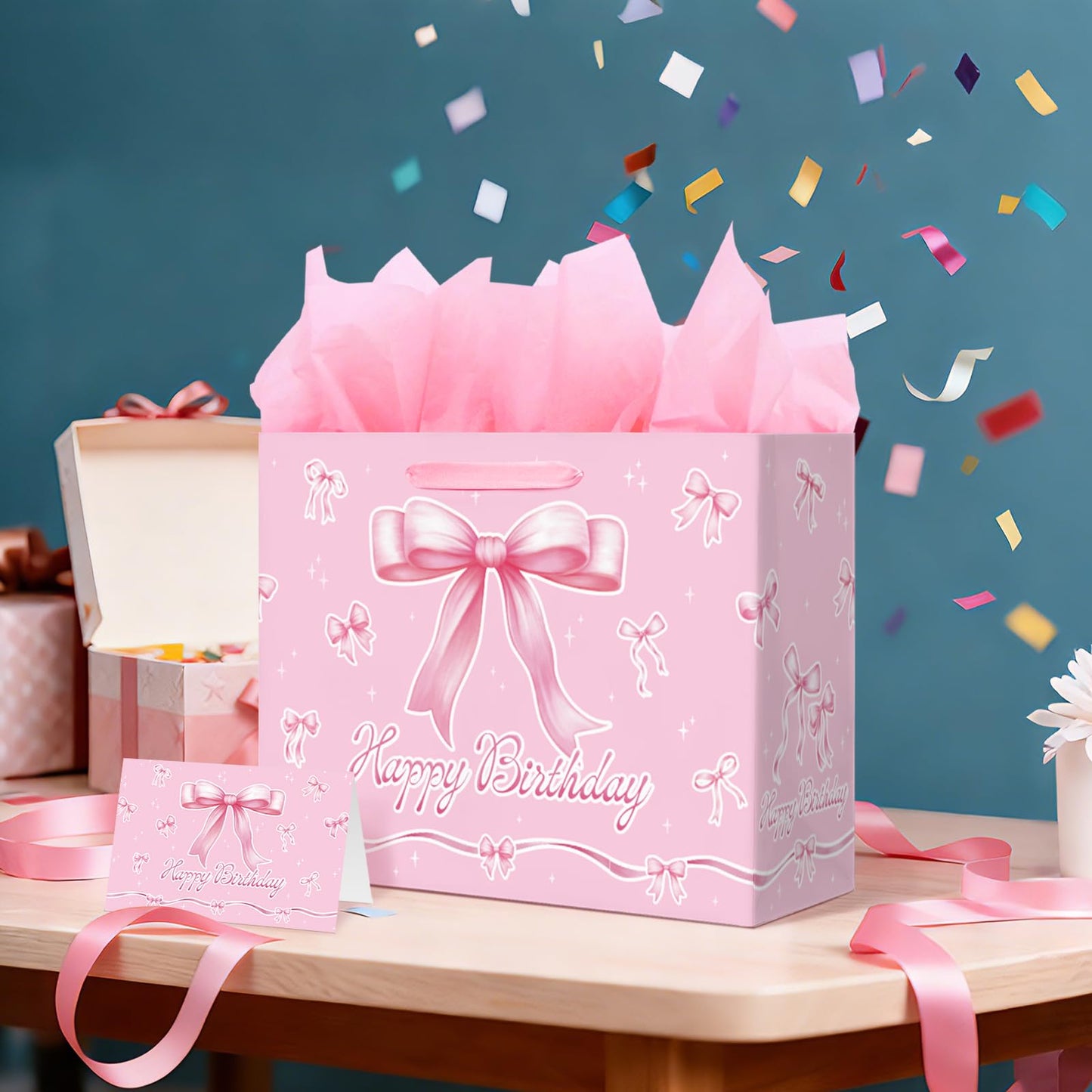 Happy Birthday Gift Bag with Card & Tissue Paper - Pink Bow Party Favor Birthday Bag for Kids, Medium Size 13x10.2x4.9 Inches, Ideal for Birthday Decorations