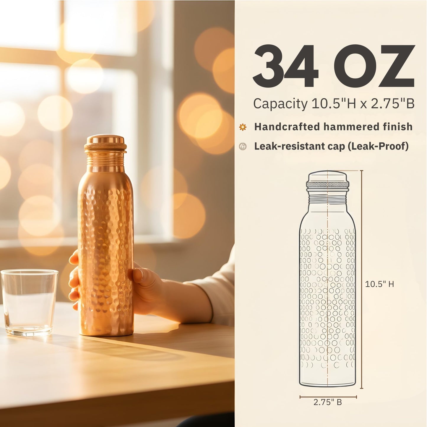Copper Water Bottle 34oz - 100% Pure Ayurvedic Handcrafted Design - Eco-friendly Premium Quality - Bpa-free Heavy Duty Leak-proof & Lab-tested - Health Benefits for Daily Use, Sports, Travel & Gifting