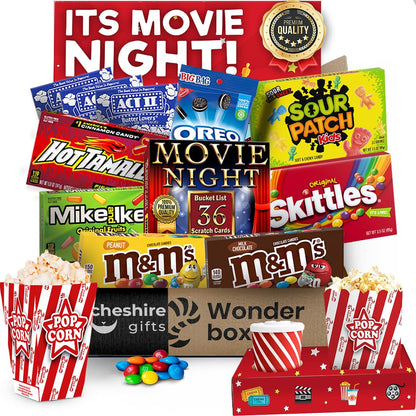 Movie Night Basket Gift Set – with Candy Variety Pack, Movie Trays, Movie Snacks & Popcorn Set – Gift Baskets For Families by Cheshire Gifts