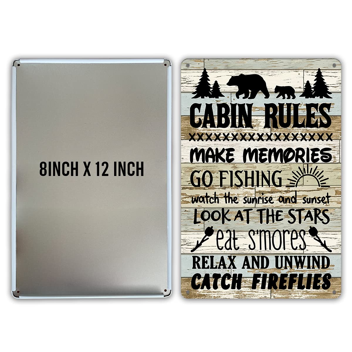 QIONGQI Funny Cabin Rules Metal Tin Sign Wall Art Decor, Farmhouse Wooden Style Cabin Sign for Home Decor Gifts