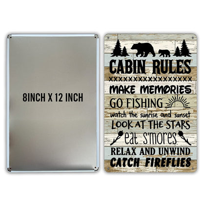 QIONGQI Funny Cabin Rules Metal Tin Sign Wall Art Decor, Farmhouse Wooden Style Cabin Sign for Home Decor Gifts
