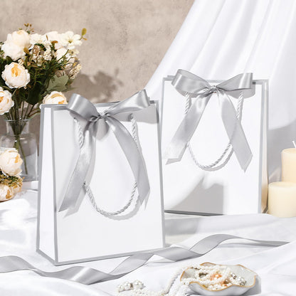 Silkfly 12 Pcs Wedding Paper Gift Bags with Handle 9x7x3.15'' Thank You Gifts Bags with Ribbon Bow Bridal Shower Gifts for Baby Shower Graduation Holiday Birthday Party Supplies (White,Silver)