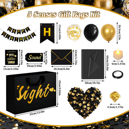 5 Senses Gift Bags for Him with Labels - Five Senses Birthday Party Decorations,Tissue Paper Rose Petals and Happy Birthday Banner Balloons for Husband Boyfriend Party Decor(Gold Black)