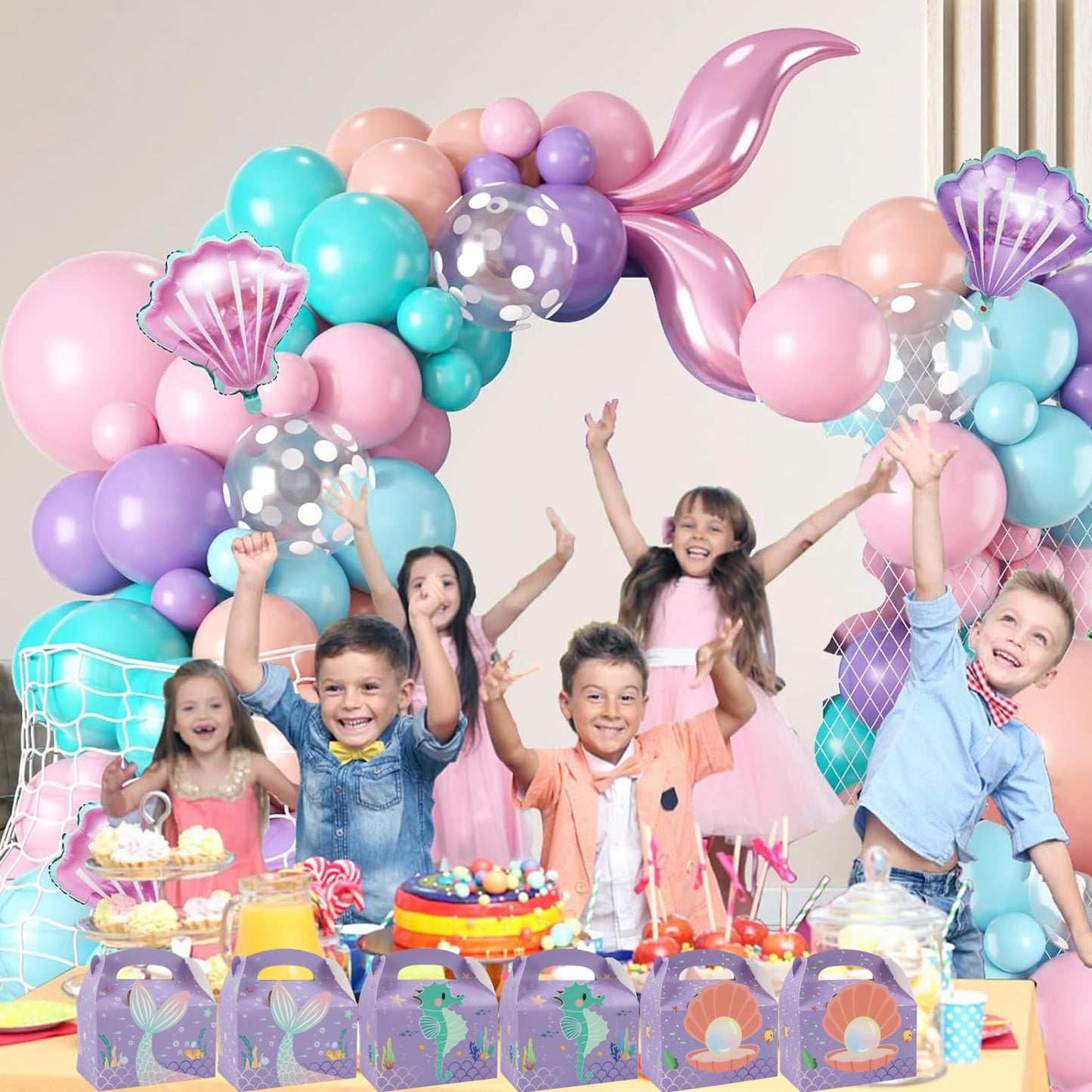 LAEYIAP 12Pcs Mermaid Party Favor Goodie Gift Boxes,Mermaid Party Goodie Bags,Handmade DIY Candy Box with Handle for Under the Sea Theme Birthday Party Decoration Supplies