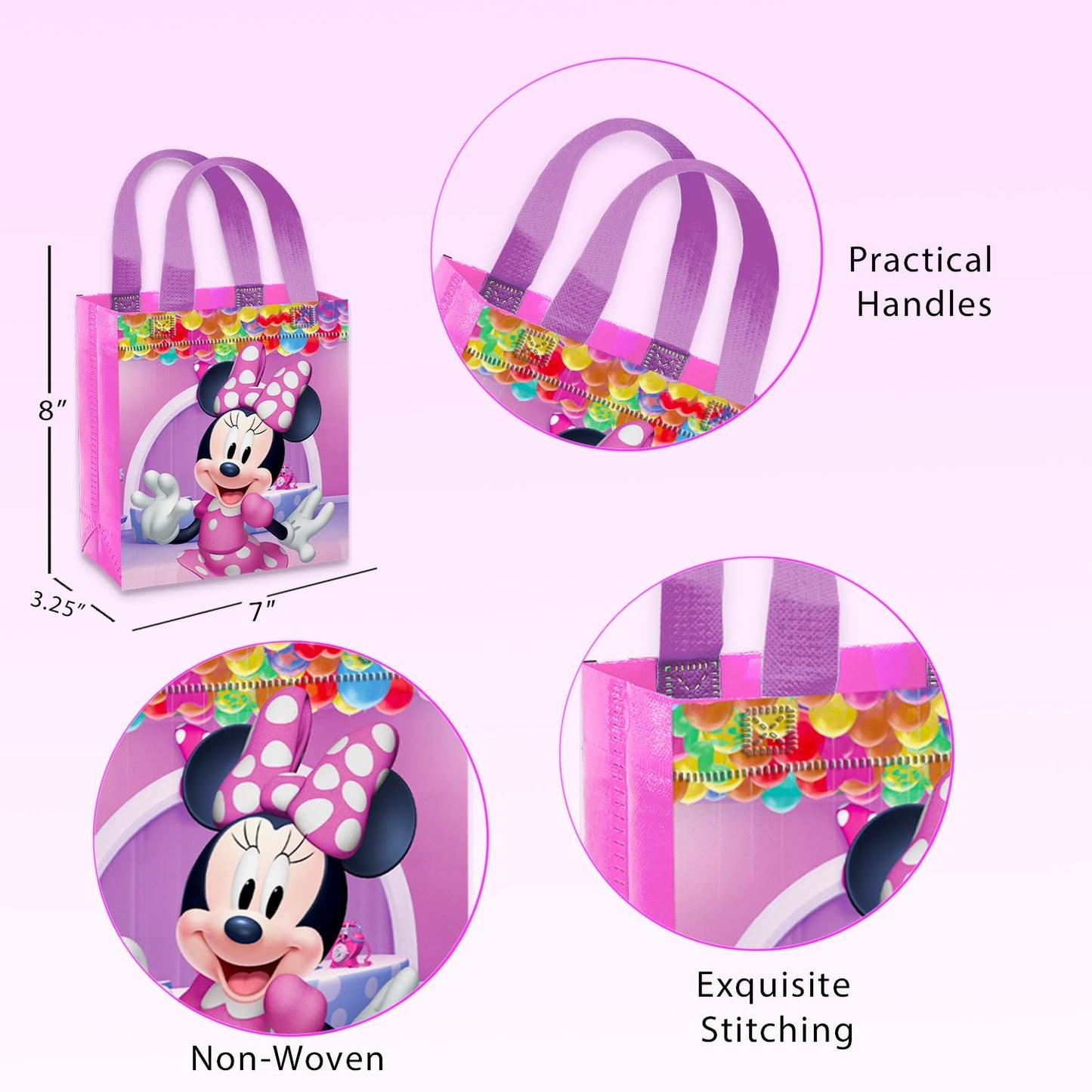 Disney Minnie Mouse Party Favor Bags Set – 24 Pack of 8" Minnie Mouse Party Goodie Bags for Kids Bulk Reusable Totes | Minnie Birthday Party Supplies
