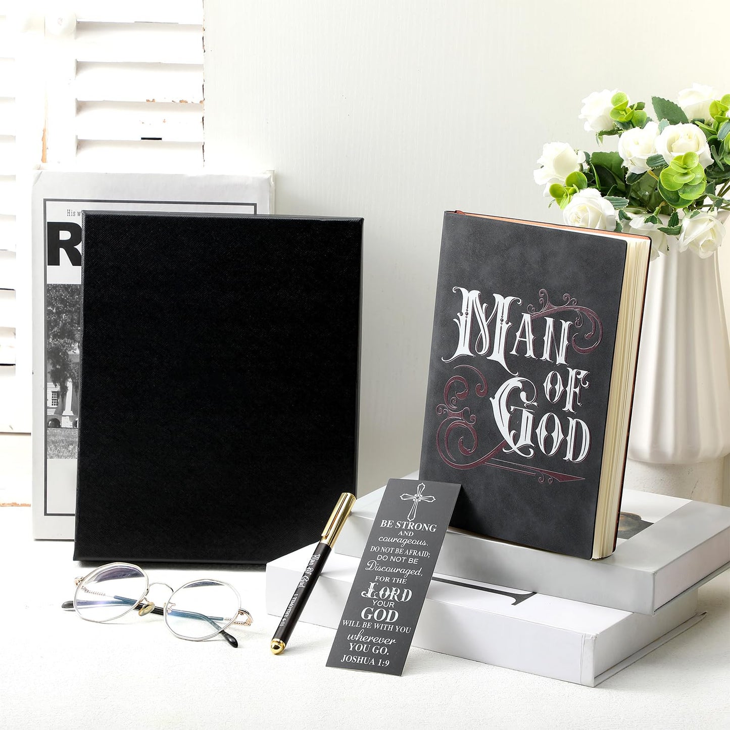 Fuyoooo 4 Pcs Christian Gifts for Men Father's Day Pastor Appreciation Gifts Vintage Leather Hardcover Notebook 1 Timothy 6:11 Religious Bible Verse Pen Joshua 1:9 Bookmark & Box(Man of God,Black)