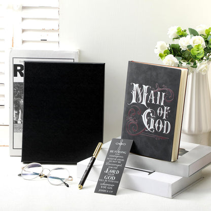 Fuyoooo 4 Pcs Christian Gifts for Men Father's Day Pastor Appreciation Gifts Vintage Leather Hardcover Notebook 1 Timothy 6:11 Religious Bible Verse Pen Joshua 1:9 Bookmark & Box(Man of God,Black)
