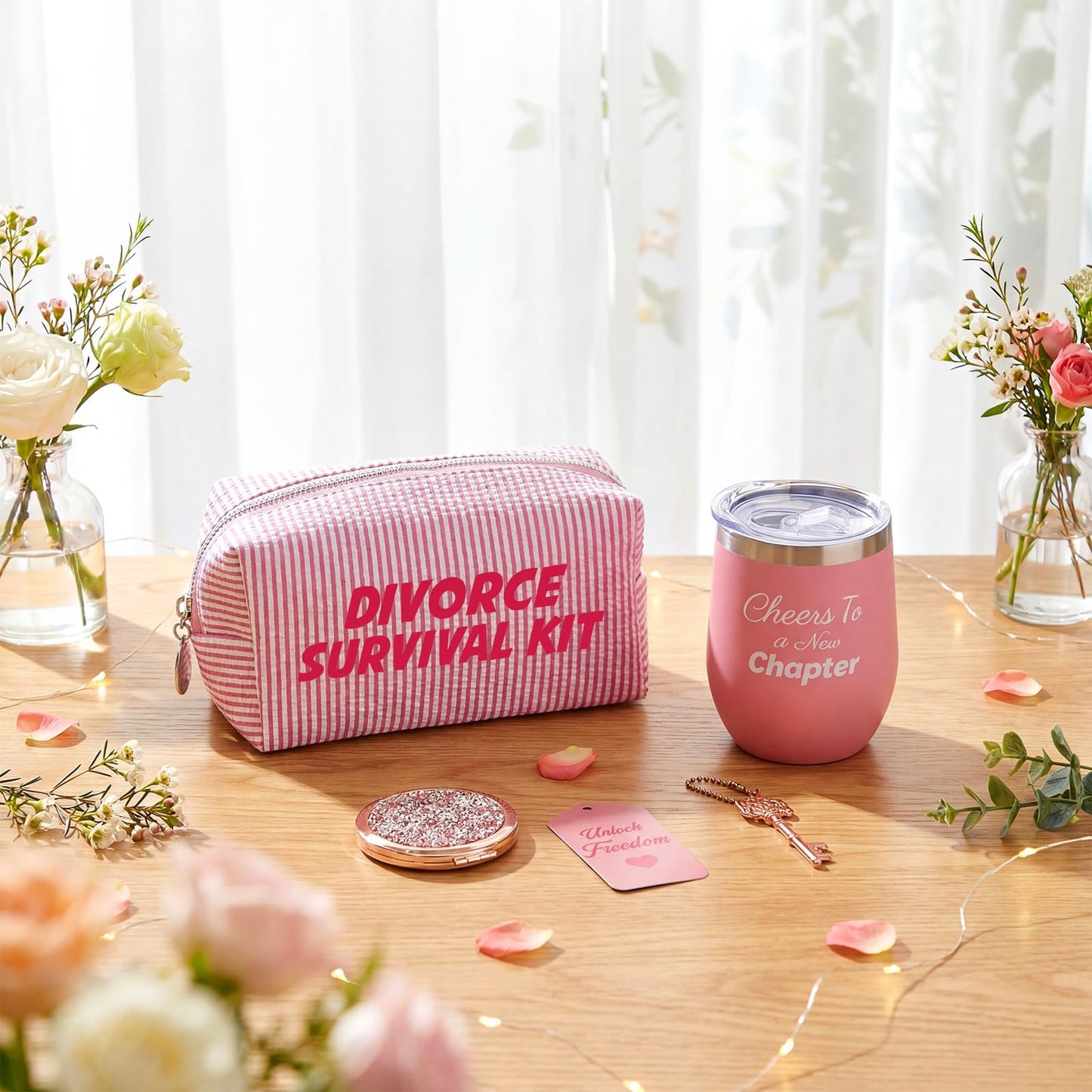 Patelai 5 pcs Divorce Gifts for Women - Funny Breakup Survival Kit with Makeup Bag, Wine Tumbler, Compact Mirror & Bottle Opener - Funny & Empowering Breakup Gifts for Her, Best Friend, Sister