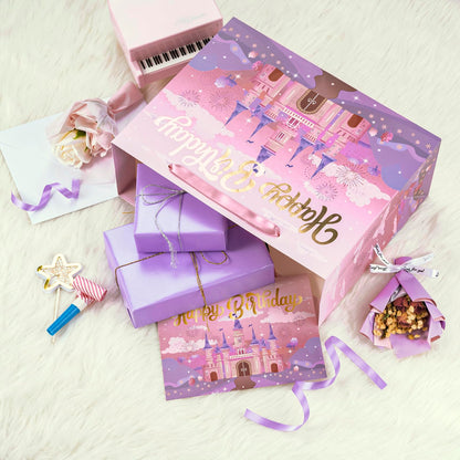 WRAPAHOLIC 13" Princess Birthday Gift Bags with Tissue Paper and Card - Purple Castle Bags for Kids Girls Birthday Party Baby Shower Supplies