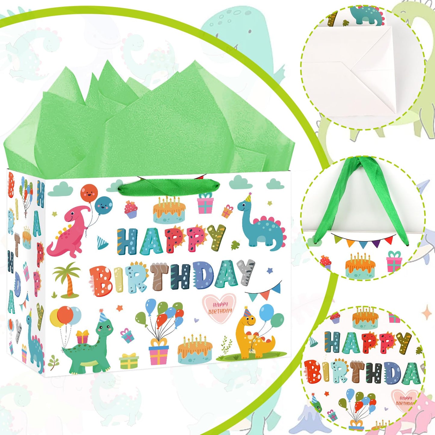 Hooqict Large Dinosaur Gift Bag Happy Birthday Gift Bag with Handles, Wrapping Tissue Paper and Greeting Cards for Kids Boys 1st 2nd 3rd Dinosaur Birthday Party Supplies Baby Showers