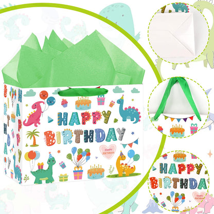 Hooqict Large Dinosaur Gift Bag Happy Birthday Gift Bag with Handles, Wrapping Tissue Paper and Greeting Cards for Kids Boys 1st 2nd 3rd Dinosaur Birthday Party Supplies Baby Showers