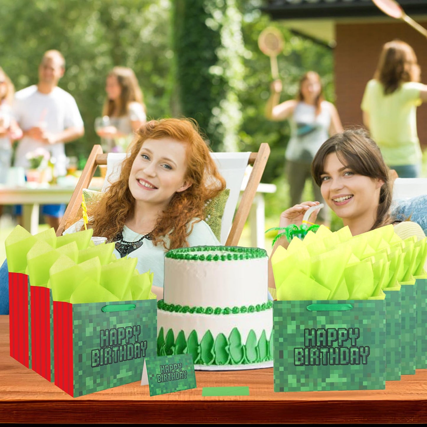 Happy Birthday Goodie Bags, Pixel Theme Gift Bags with Tissue Paper Greeting Card Envelope Party Supplies for Birthday
