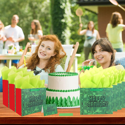 Happy Birthday Goodie Bags, Pixel Theme Gift Bags with Tissue Paper Greeting Card Envelope Party Supplies for Birthday
